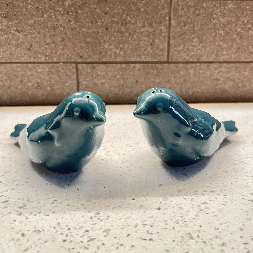 Pier 1 Imports Teal Ceramic Bird Salt & Pepper Shaker Set Retired MCM Farmhouse